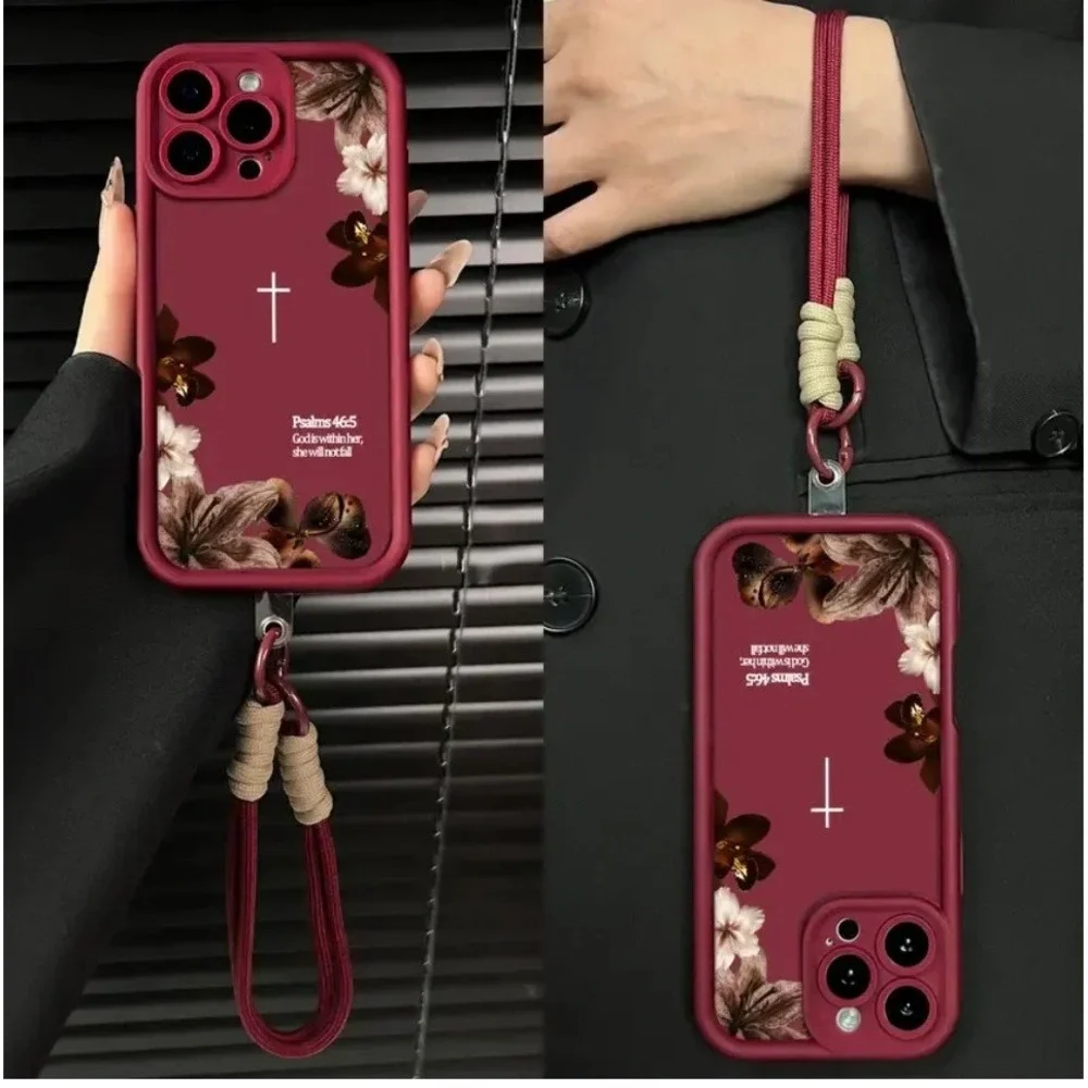 iPhone 14 Pro Max Case Burgundy Floral Psalm 46:5 Lanyard Strap New